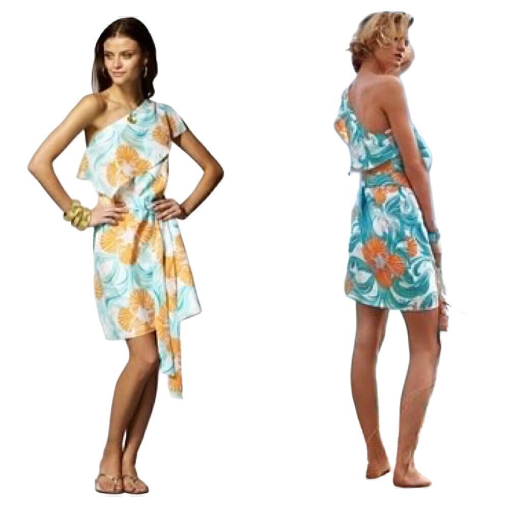 Lilly Pulitzer 100% Silk Kendall One Shoulder Dress Size 6 in Do the Wave Print